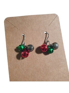 Jingle Bell Christmas Dangle Earrings Hook Red Green Rustic Jingle Charm Holiday